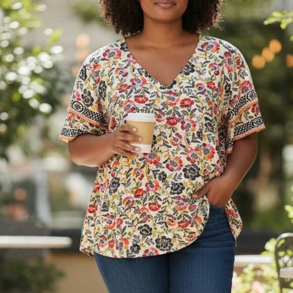 Cynthia Rowley Woman Floral Top Womens Size 2X Tiered-Sleeves Multicolor Flowy - Picture 1 of 9